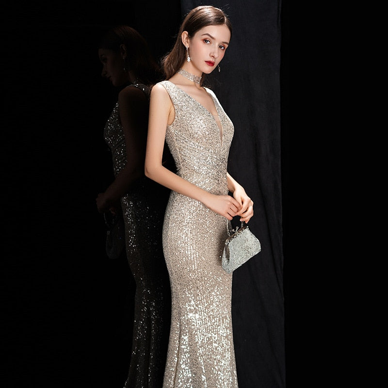 DEERVEADO Elegant V Neck Sequin Evening Dress Long 2022 New Women Mermaid Formal Dress Party Gown Bodycon Maxi Prom Dress