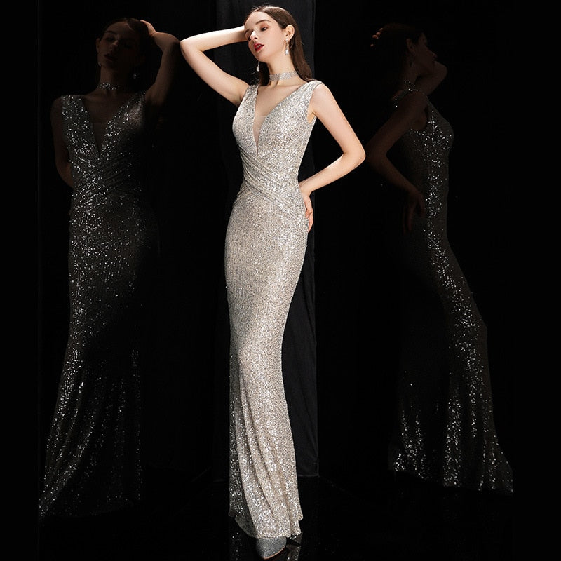 DEERVEADO Elegant V Neck Sequin Evening Dress Long 2022 New Women Mermaid Formal Dress Party Gown Bodycon Maxi Prom Dress