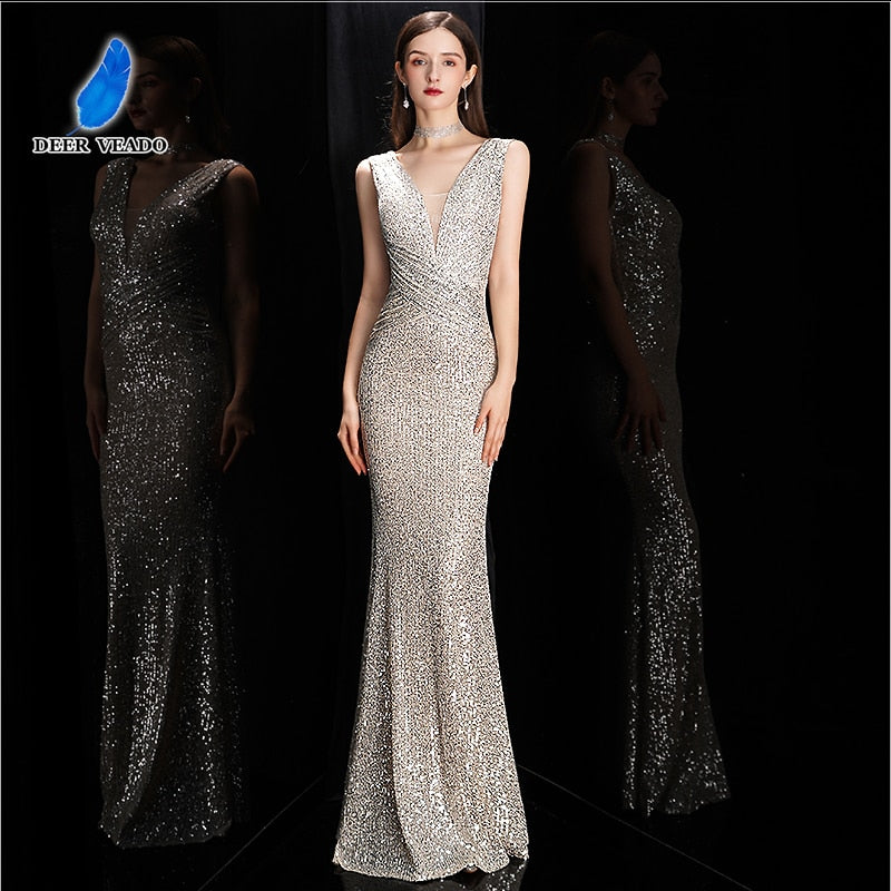 DEERVEADO Elegant V Neck Sequin Evening Dress Long 2022 New Women Mermaid Formal Dress Party Gown Bodycon Maxi Prom Dress